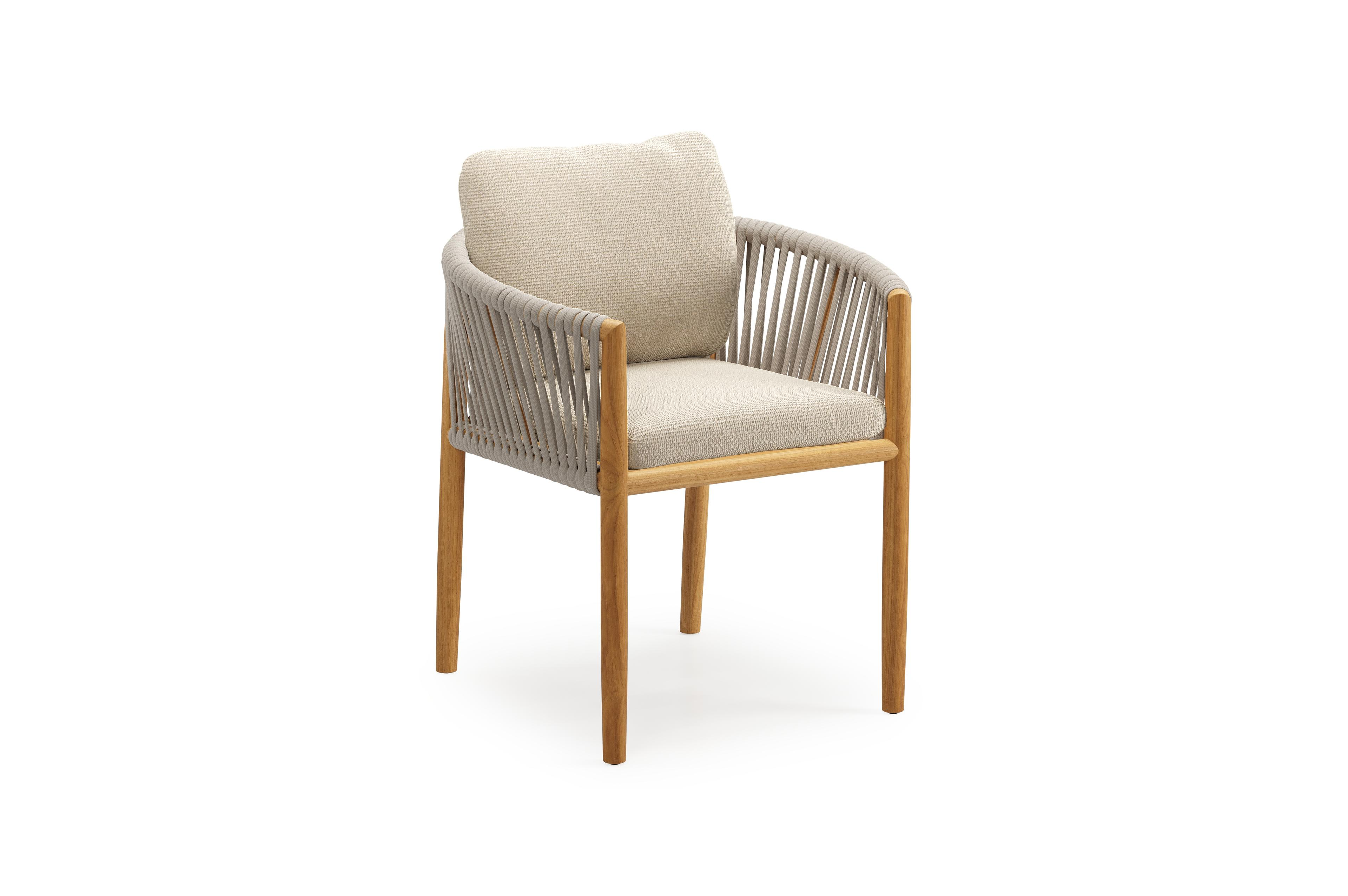 Organo tuinstoel in beige teak en beige verticaal geweven luxe vlakke rope met kussen in All Weather Cosytica Althea Chalk