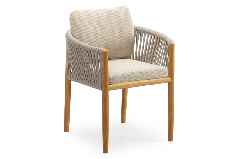 Organo tuinstoel in beige teak en beige verticaal geweven luxe vlakke rope met kussen in All Weather Cosytica Althea Chalk