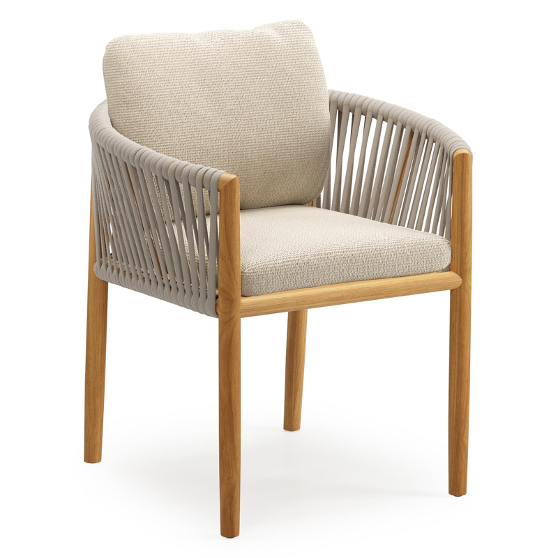 Organo tuinstoel in beige teak en beige verticaal geweven luxe vlakke rope met kussen in All Weather Cosytica Althea Chalk
