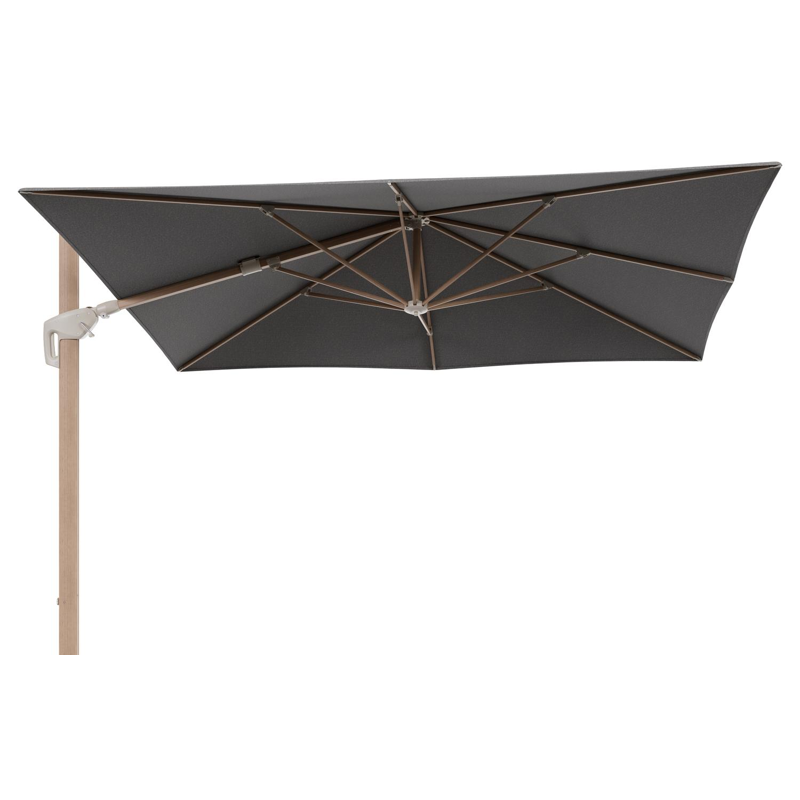 Minore zweefparasol met tiltfunctie in houtlook aluminium en Chartres Drizzle All Weather Sunbrella® Luxe parasoldoek - L1: 280 x L2: 370 cm (zonder voet)