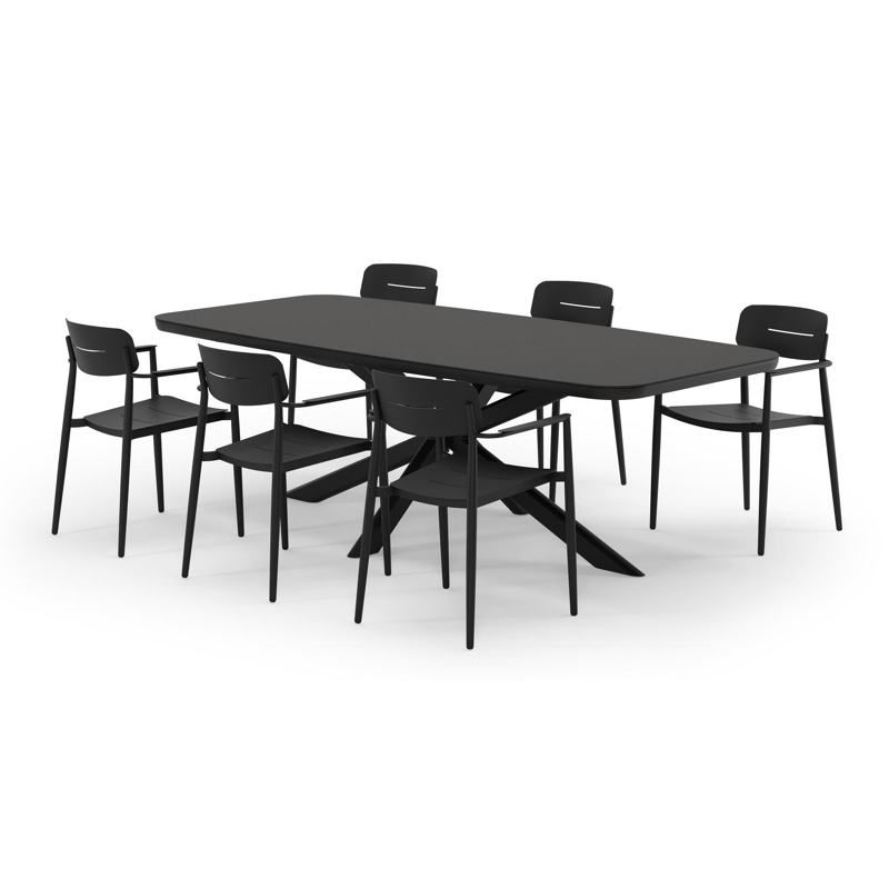 Pamplona bootvormige tuinset in zwart aluminium en sintered stone notte minerale met 6 Cosa tuinstoelen