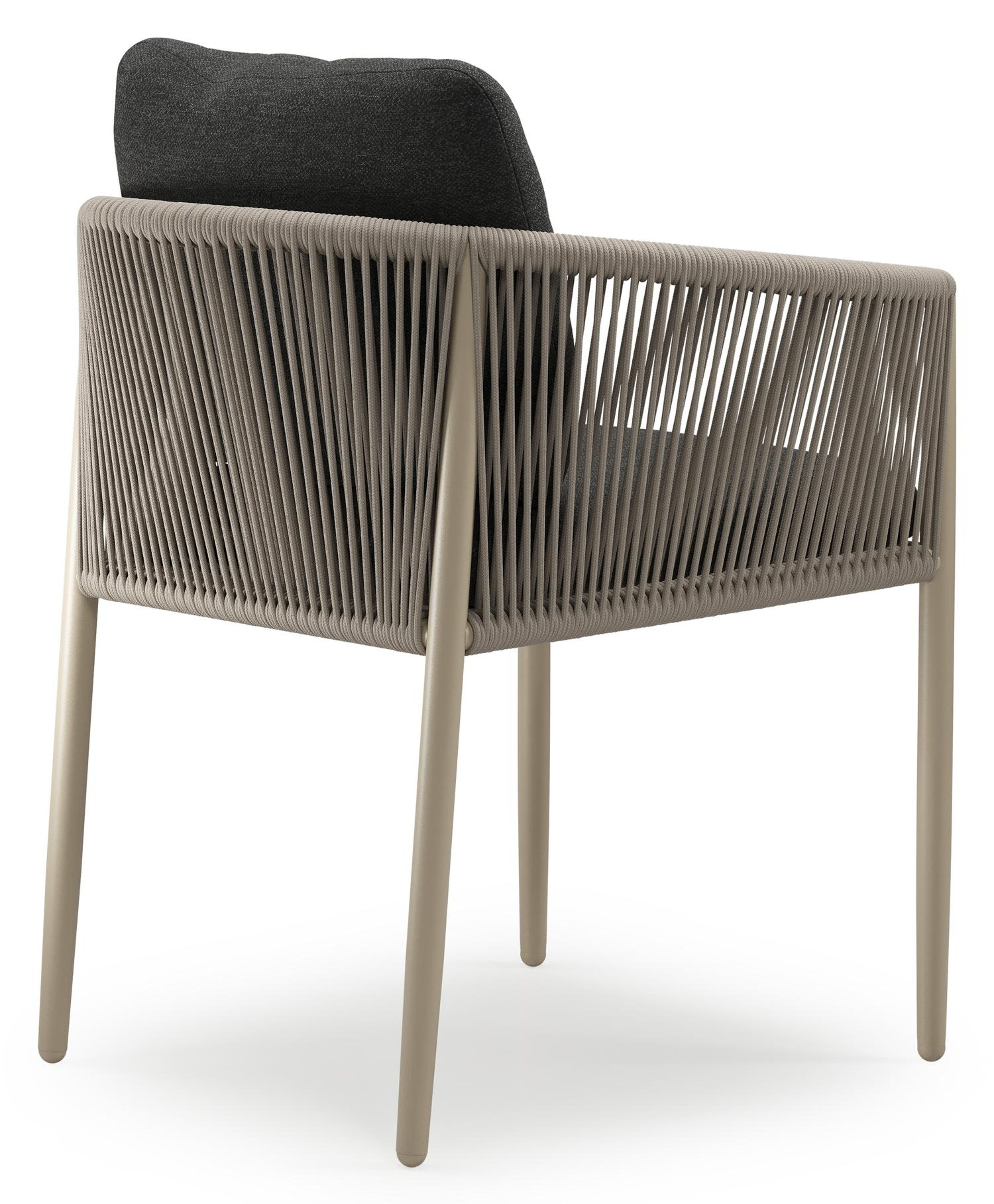 Organo tuinstoel in zwart aluminium en beige verticaal geweven ronde rope met stoelkussen in All Weather Sunbrella® Luxe Chartres Sooty