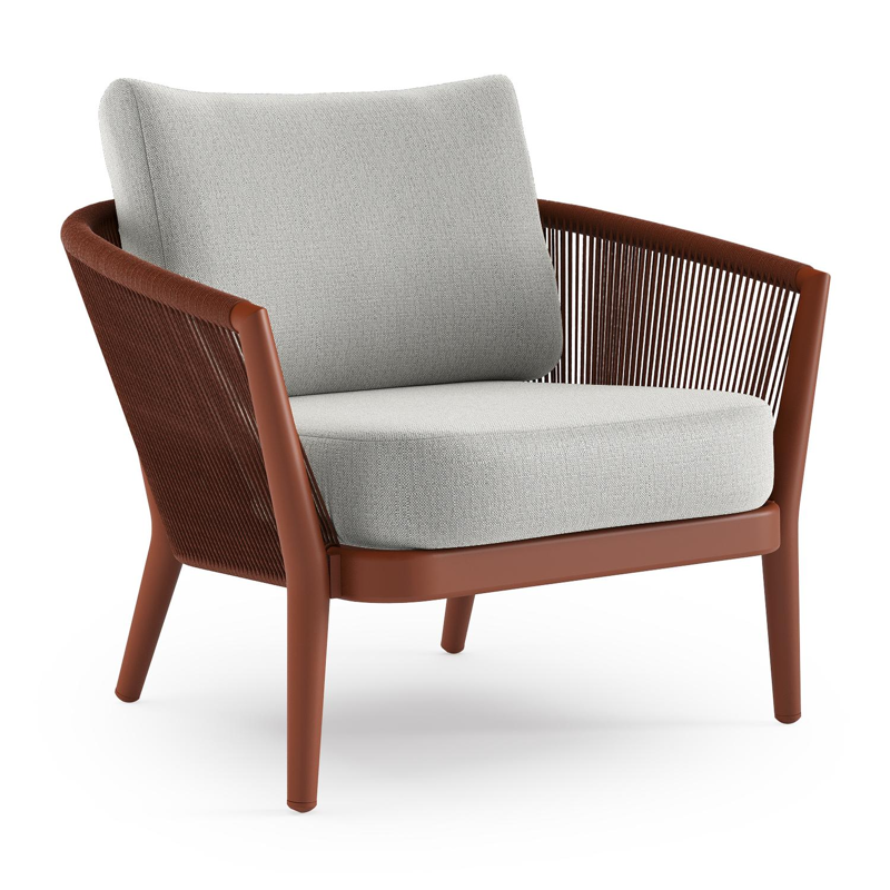 Orso loungestoel in roestbruin aluminium en roestbruin verticaal geweven ronde rope met Savane Nimbus all weather sunbrella® luxe kussen