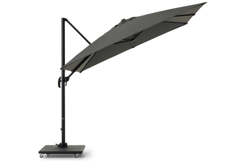 Calpe zweefparasol in zwart aluminium en zwart Weather+ Softtouch parasoldoek - L1 249 x L2 270 cm met Calpe parasolvoet 70 kg