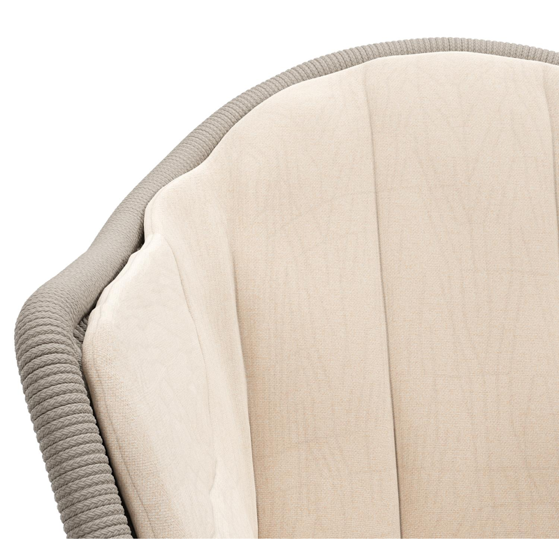 Pagino tuinstoel in zwart aluminium en beige verticaal geweven ronde rope met zitkussen in All Weather Sunbrella® Luxe Natte Linen Chalk