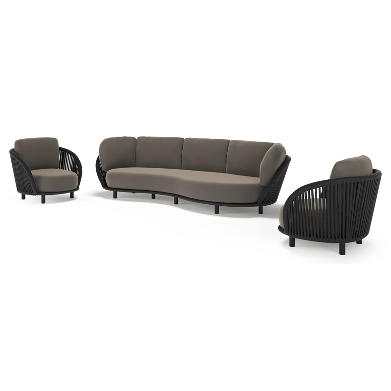 Lupino loungeset in zwart aluminium en zwart verticaal geweven luxe vlakke brede rope met natte carbon beige all weather sunbrella® luxe kussen