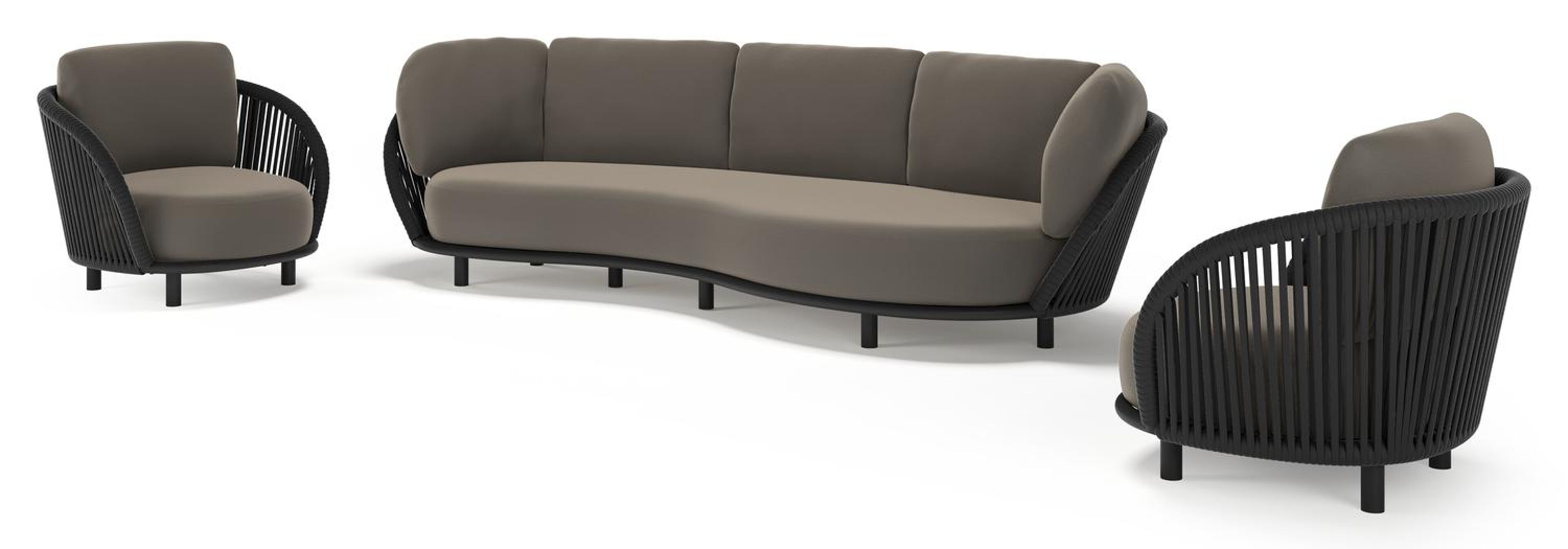 Lupino loungeset in zwart aluminium en zwart verticaal geweven luxe vlakke brede rope met natte carbon beige all weather sunbrella® luxe kussen