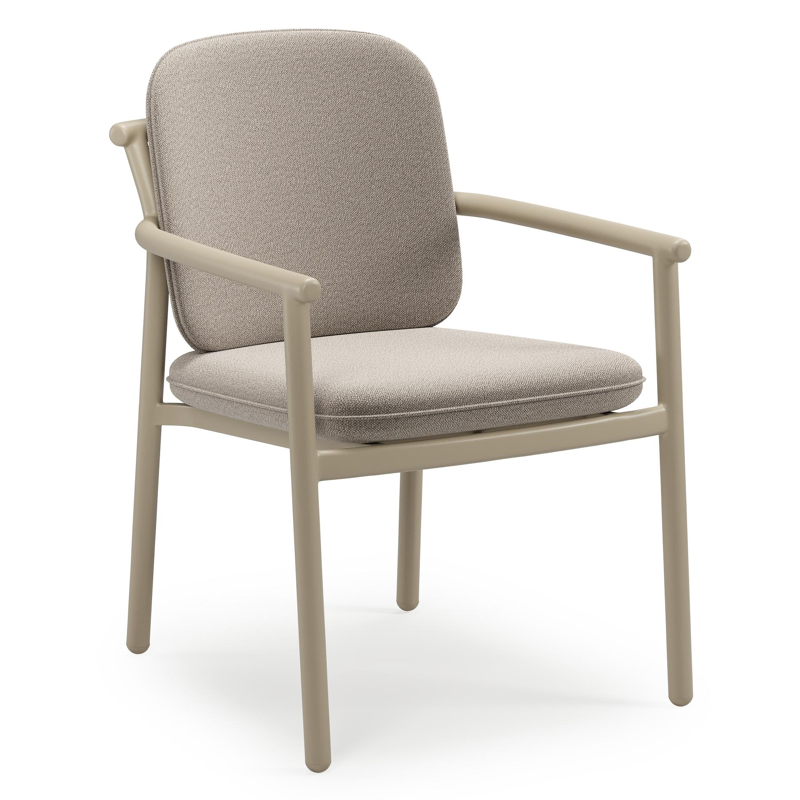Bono stapelbare tuinstoel in beige aluminium met stoelkussen in All Weather Sunbrella® Luxe Savane Coconut