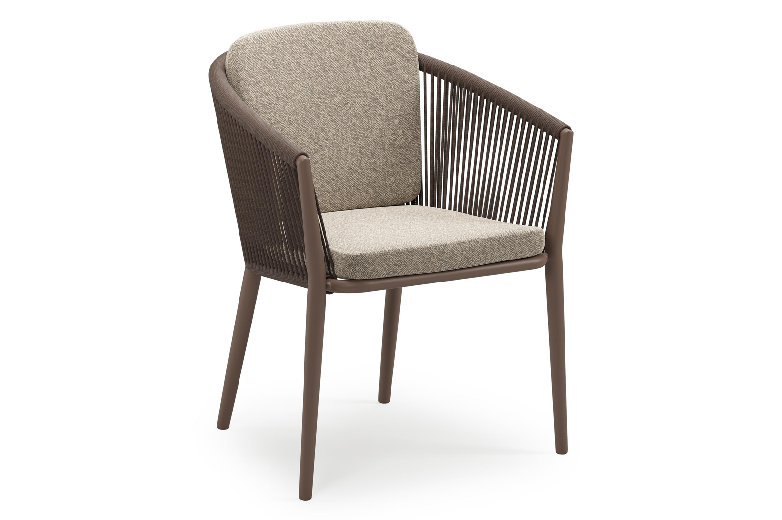 Chaise de jardin empilable Orso en aluminium taupe et corde ronde tissée verticalement taupe avec coussin en All Weather Sunbrella® Luxe Chartres Pewter