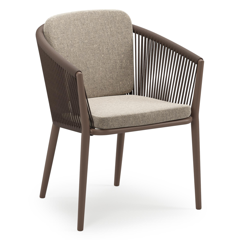 Chaise de jardin empilable Orso en aluminium taupe et corde ronde tissée verticalement taupe avec coussin en All Weather Sunbrella® Luxe Chartres Pewter