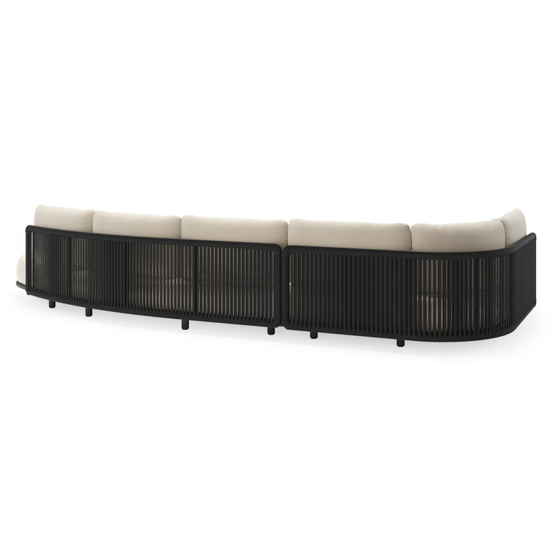 Salon de jardin d'angle Lomano en aluminium noir et corde luxe plate tissée verticalement noir et coussins en all weather cosytica althea off white