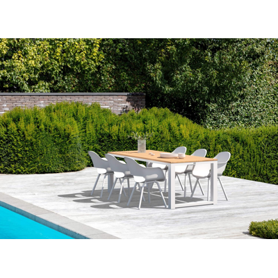 Ensemble de jardin Livo en aluminium blanc avec plateau de table en teck naturel et 6 chaises de jardin Artena
