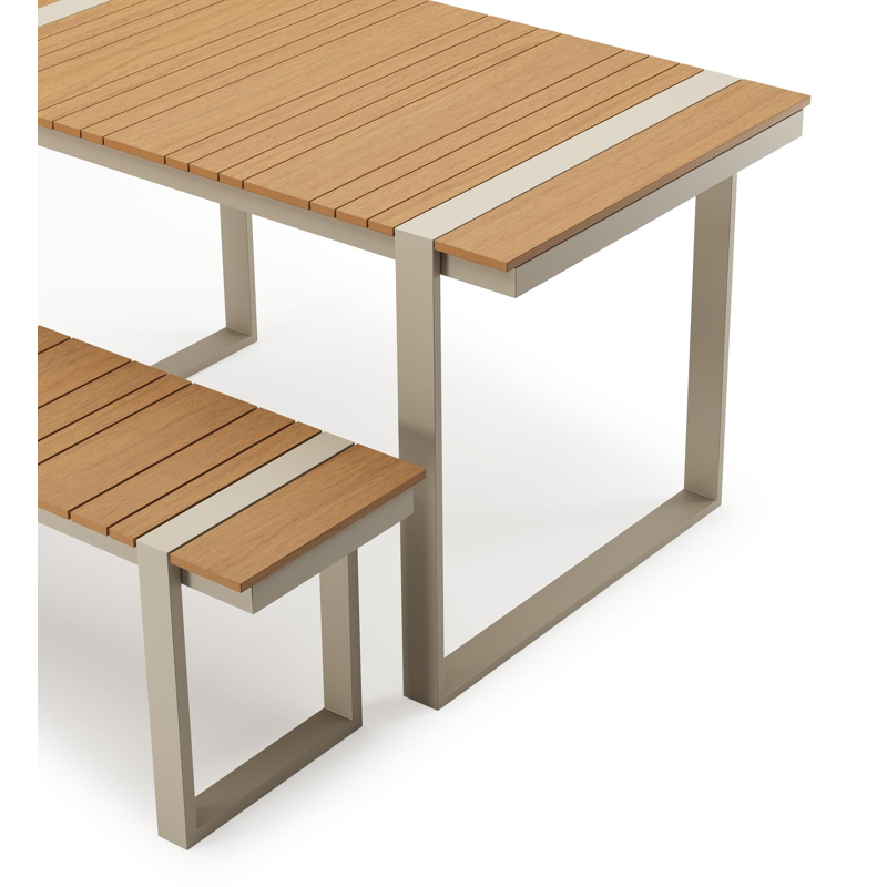 Table basse et banc Merida en beige aluminium et polywood - Lg. 123 x Lrg. 70 x Haut. 70 cm