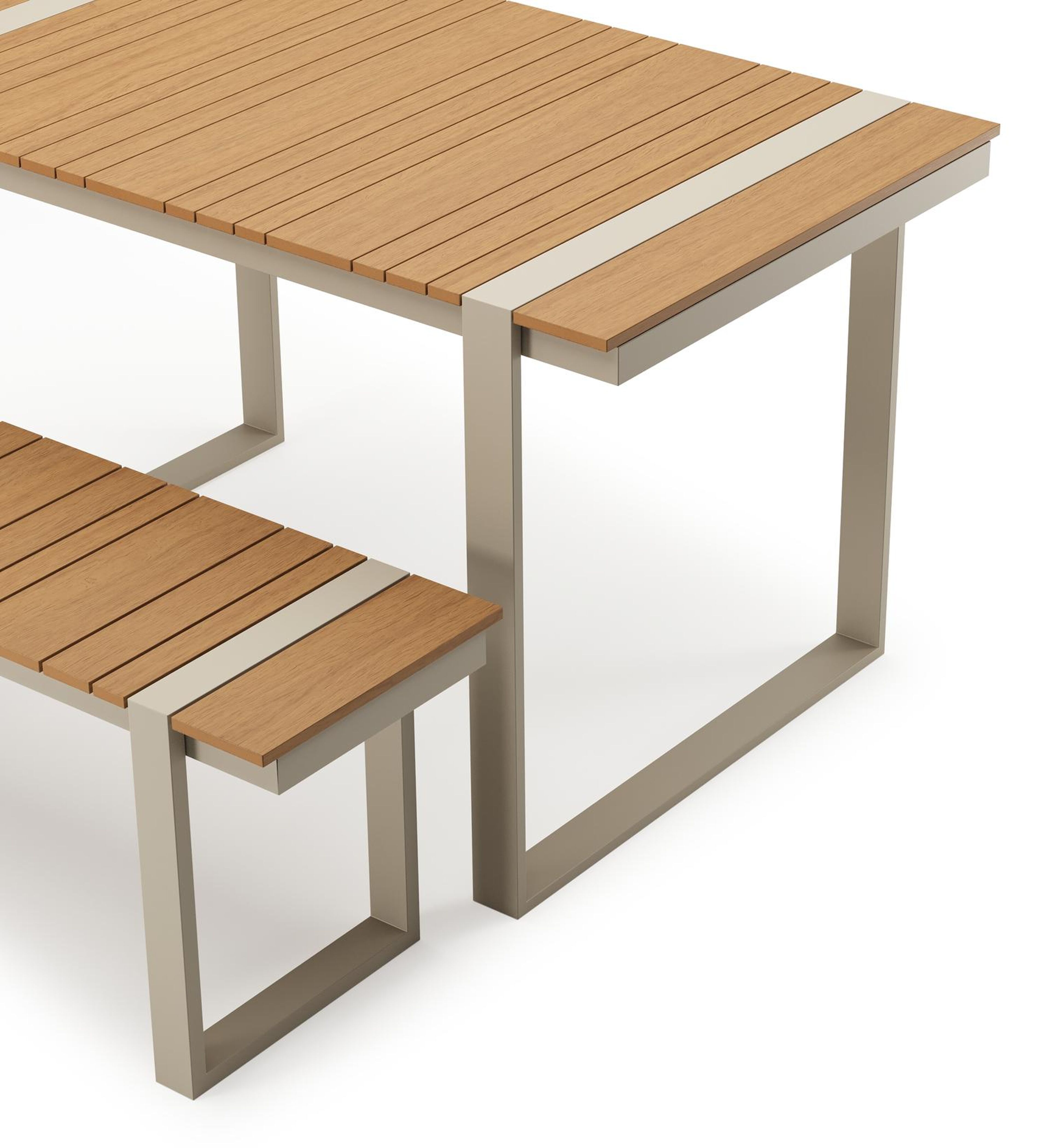 Table basse et banc Merida en beige aluminium et polywood - Lg. 123 x Lrg. 70 x Haut. 70 cm