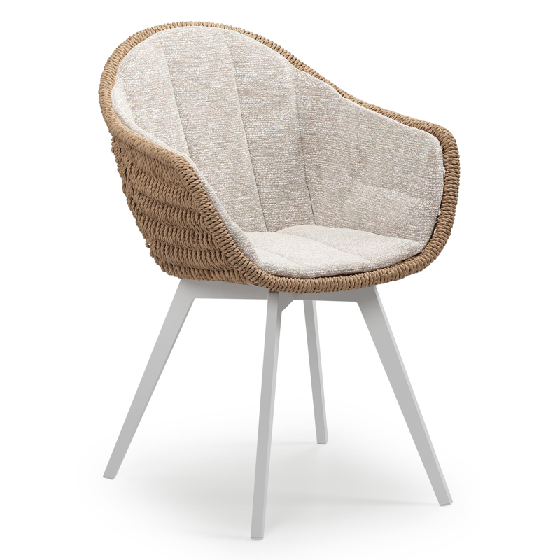 Pagino tuinstoel in wit aluminium en naturel ronde wicker met zitkussen in All Weather Sunbrella® Luxe Tundra Sand