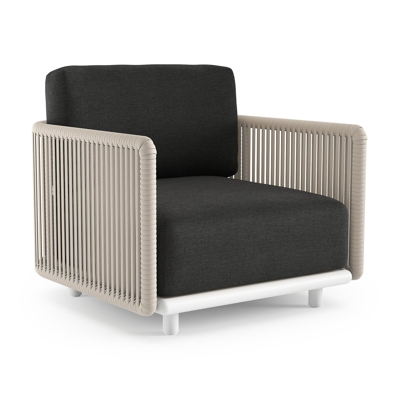 Organo loungestoel in wit aluminium en beige verticaal geweven luxe vlakke rope met chartres sooty all weather Sunbrella® luxe kussen