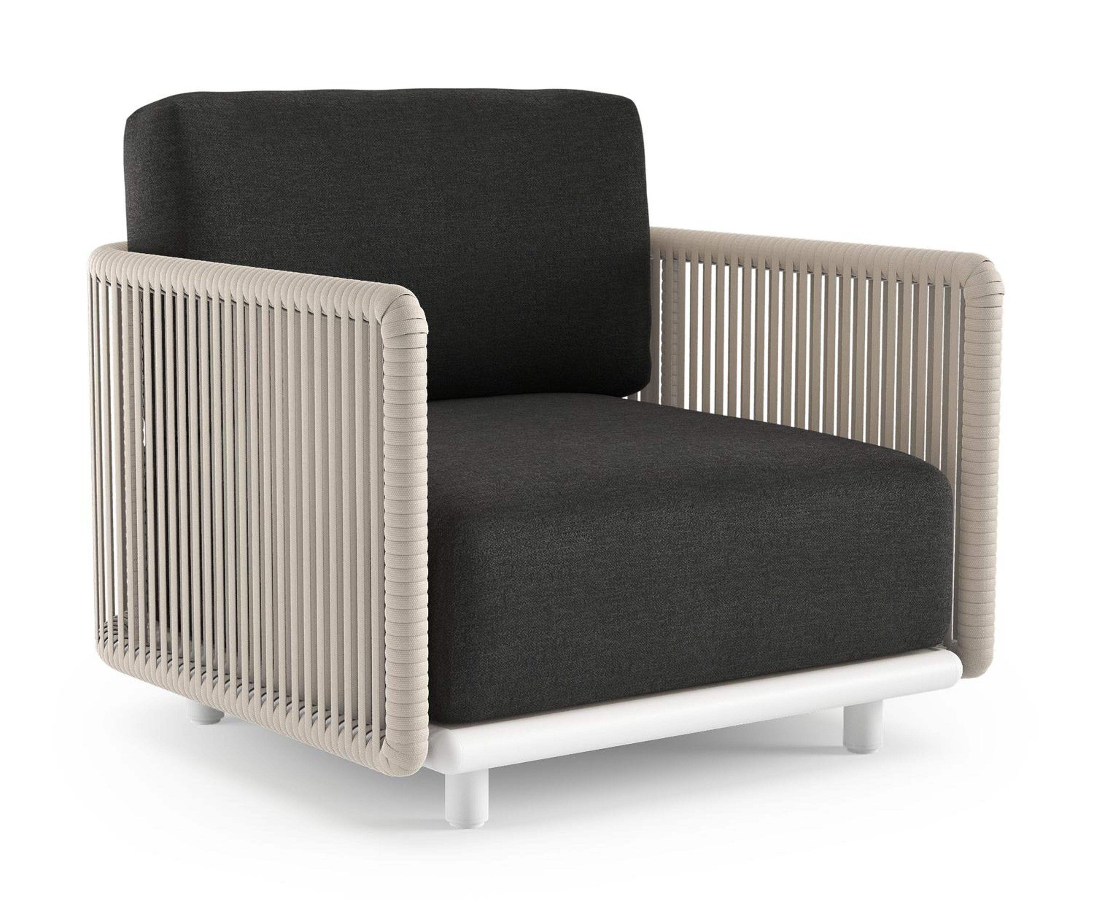 Organo loungestoel in wit aluminium en beige verticaal geweven luxe vlakke rope met chartres sooty all weather Sunbrella® luxe kussen