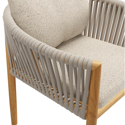 Organo tuinstoel in beige teak en beige verticaal geweven luxe vlakke rope met kussen in All Weather Cosytica Marbella Beige