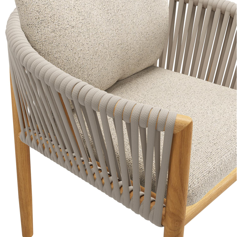 Organo tuinstoel in beige teak en beige verticaal geweven luxe vlakke rope met kussen in All Weather Cosytica Marbella Beige