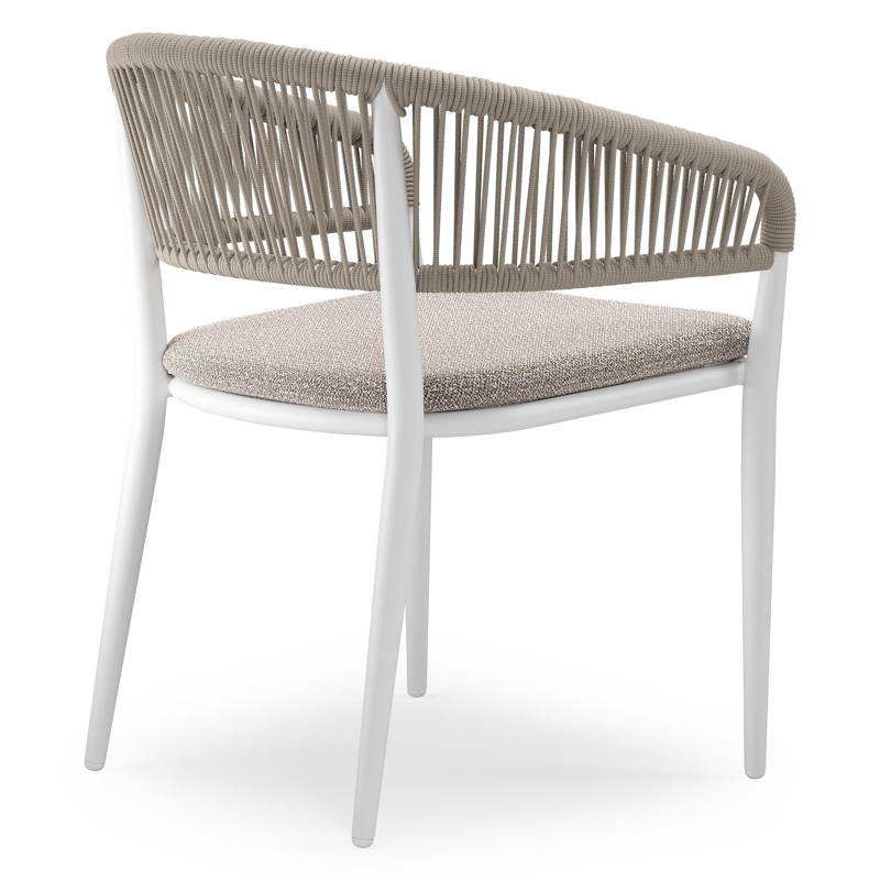 Tolfa stapelbare tuinstoel in wit aluminium en beige verticaal geweven ronde rope met stoelkussen in All Weather Sunbrella® Luxe Wander Granite