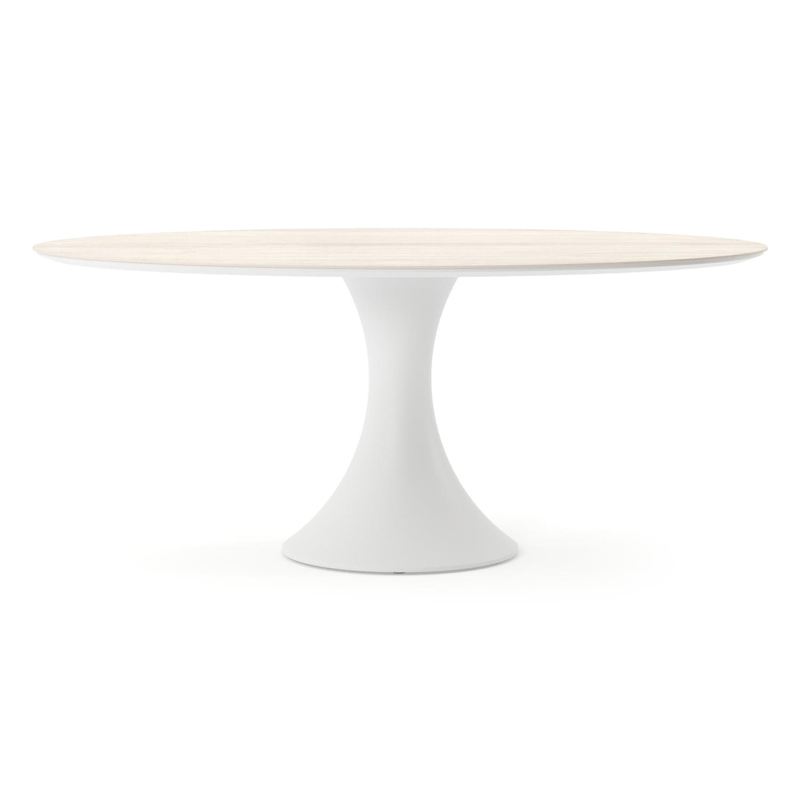 Table de jardin Fano ovale en aluminium blanc et céramique pleine Travertino Bianco - Lg. 180 x Lrg. 110 x Haut. 74 cm