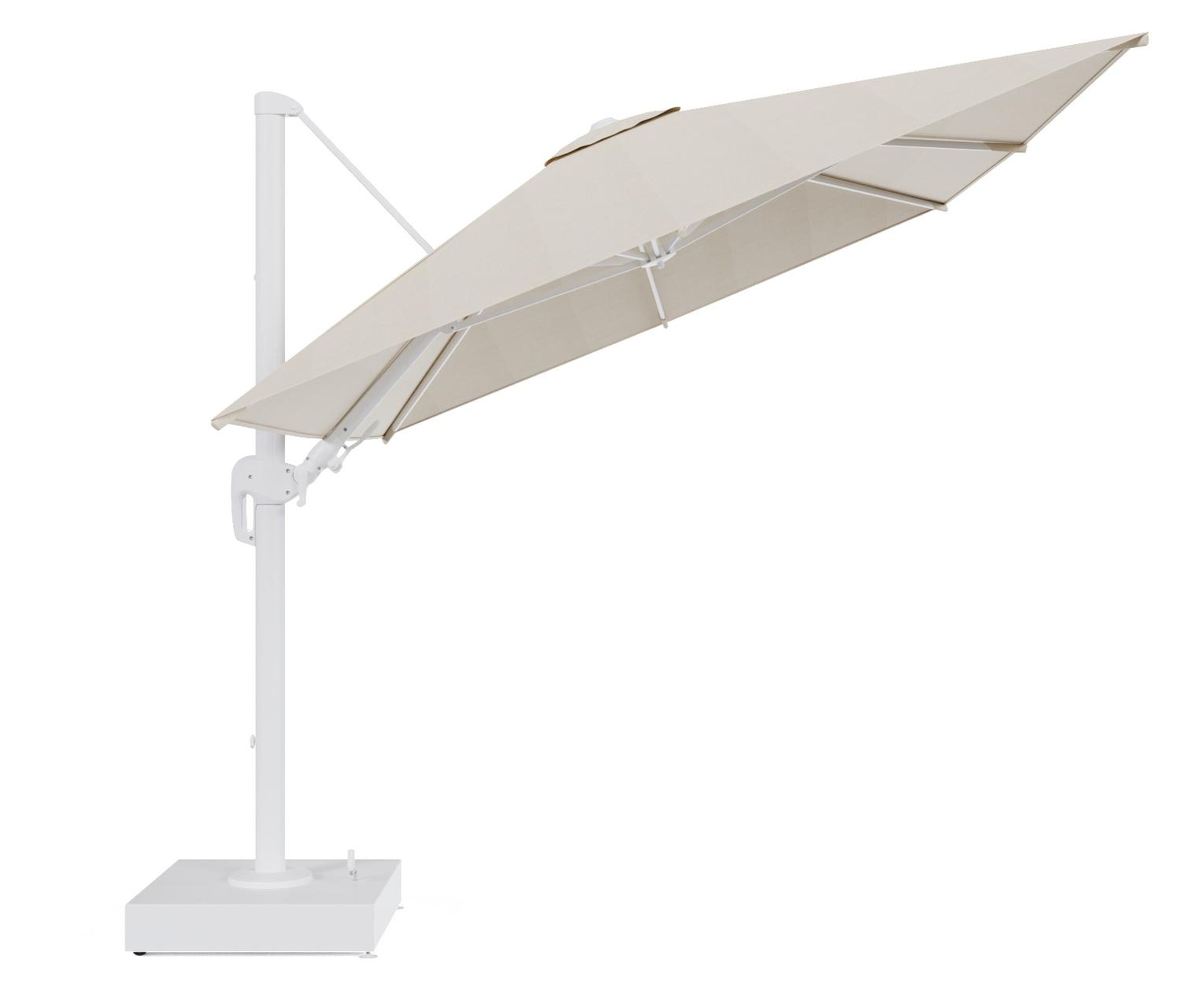 Rufina zweefparasol met tiltfunctie in wit aluminium en beige All Weather Sunbrella® Premium parasoldoek - L1 350 x L2 250 cm met parasolvoet Minore 150 kg met wielen