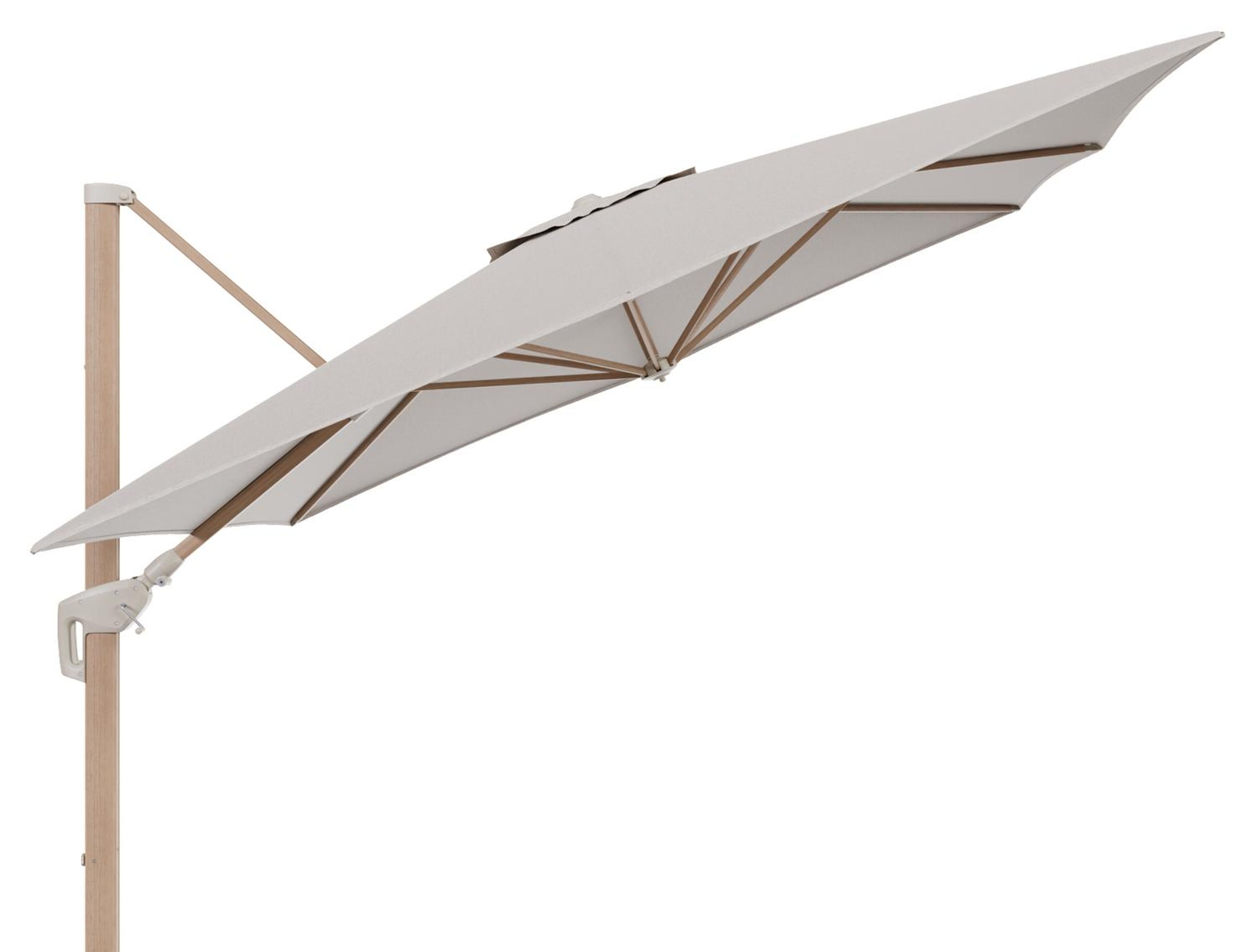 Minore zweefparasol met tiltfunctie in houtlook aluminium en Slow Farafra All Weather Sunbrella® Luxe parasoldoek - L1 350 x L2 350 cm (zonder voet) (zonder voet)