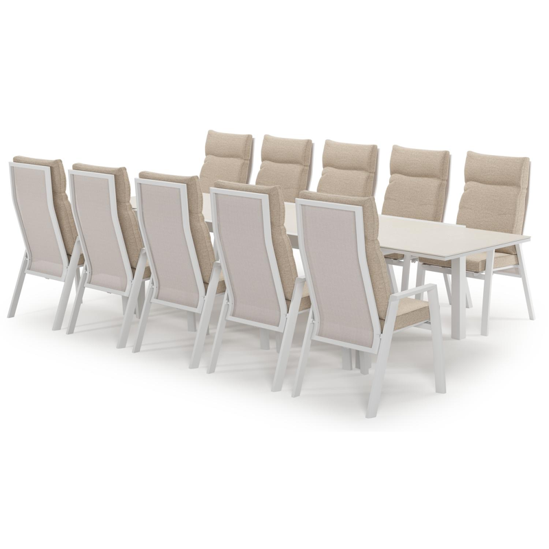 Calobra uitschuifbare tuinset in wit aluminium en crema minerale sintered stone met 10 Leon tuinstoelen