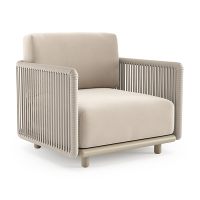 Organo loungestoel in beige aluminium en beige verticaal geweven luxe vlakke rope met lopi antique all weather Sunbrella® luxe kussen