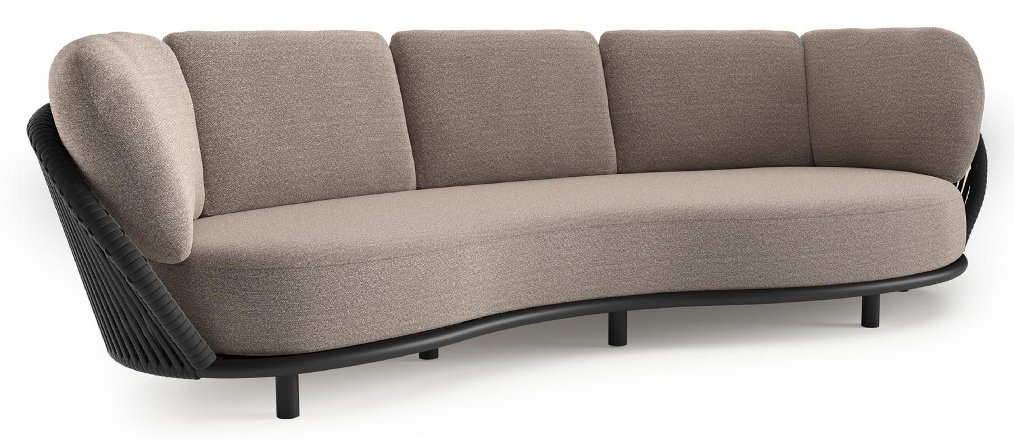 Lupino loungebank in zwart aluminium en zwart verticaal geweven luxe vlakke brede rope met wander manioc all weather sunbrella® luxe kussen