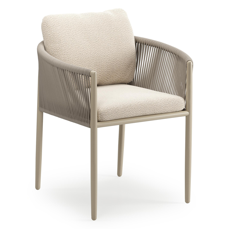 Organo tuinstoel in zwart aluminium en beige verticaal geweven ronde rope met stoelkussen in All Weather Sunbrella® Luxe Lopi Sand