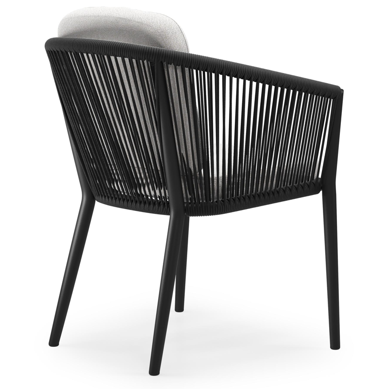 Chaise de jardin Orso en aluminium noir et corde ronde tissée verticalement noir avec coussin luxe en All Weather Solica Soul Optik