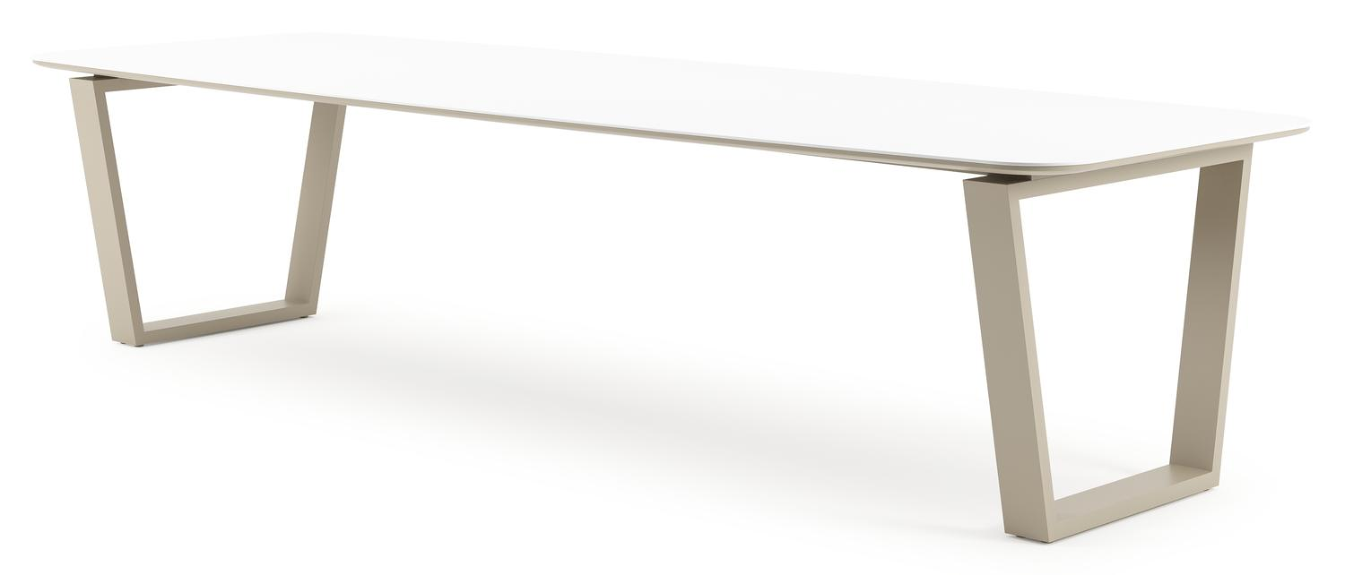 Table de jardin Pagino forme de bateau en aluminium beige et céramique pleine Arctic White - Lg. 315 x Lrg. 115 x Haut. 73 cm