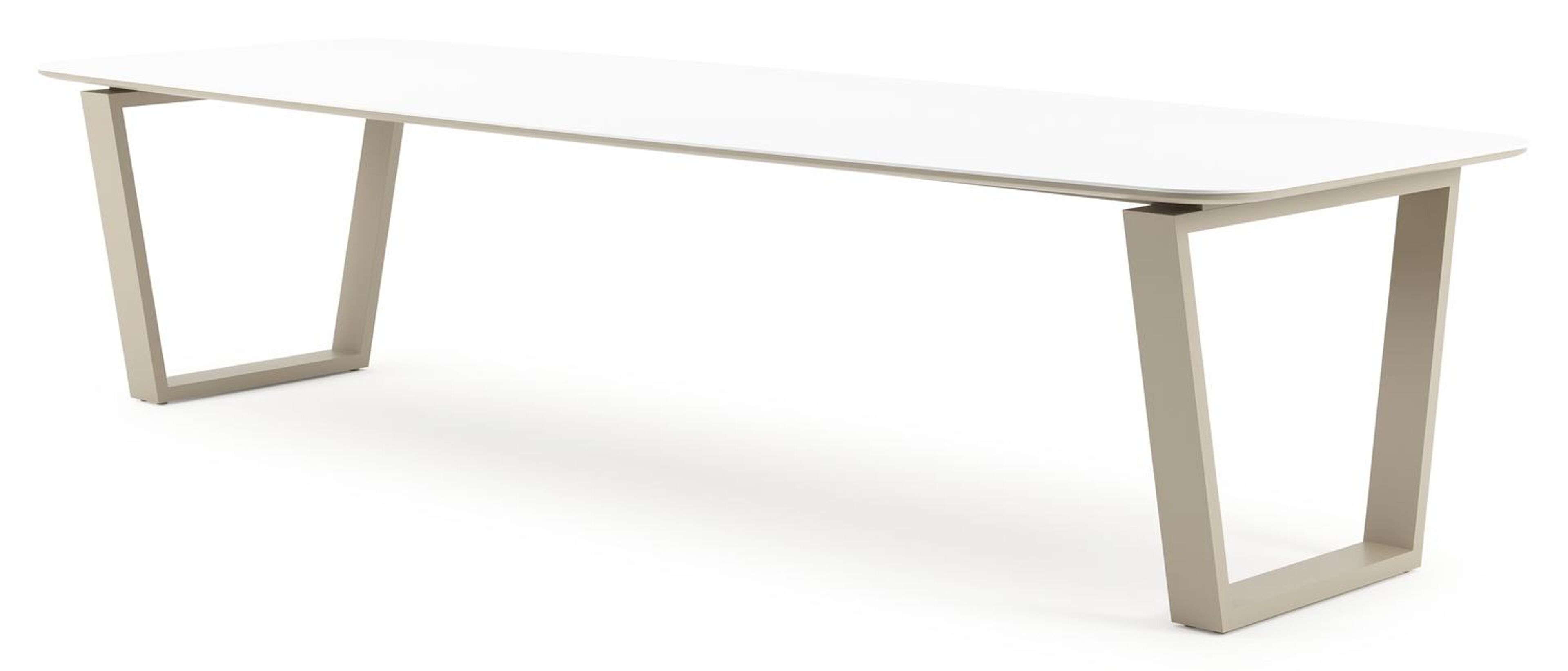 Table de jardin Pagino forme de bateau en aluminium beige et céramique pleine Arctic White - Lg. 315 x Lrg. 115 x Haut. 73 cm