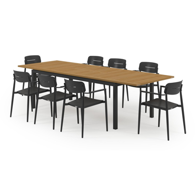 Amalfi tuinset met verlengbare tafel in zwart aluminium en teak tafelblad met 8 stapelbare Cosa tuinstoelen