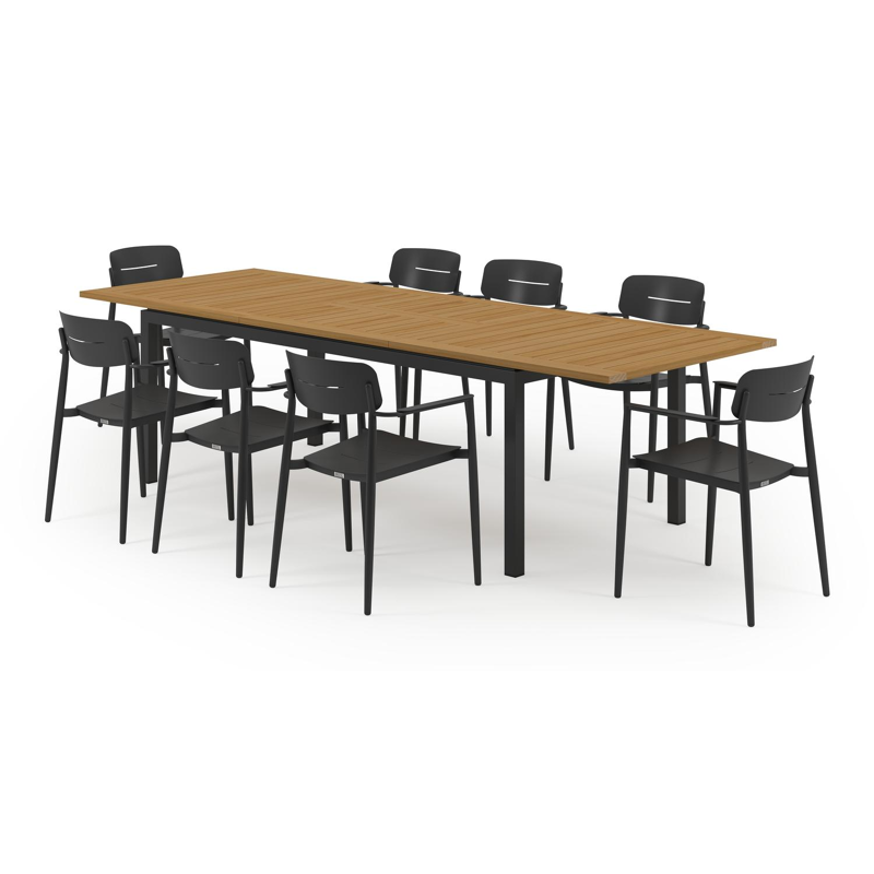 Amalfi tuinset met verlengbare tafel in zwart aluminium en teak tafelblad met 8 stapelbare Cosa tuinstoelen