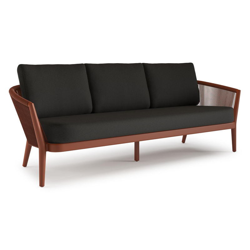 Canapé de jardin Orso en aluminium brun rouille en corde ronde tissée verticalement brun rouille et coussins en all weather sunbrella® luxe Heritage char