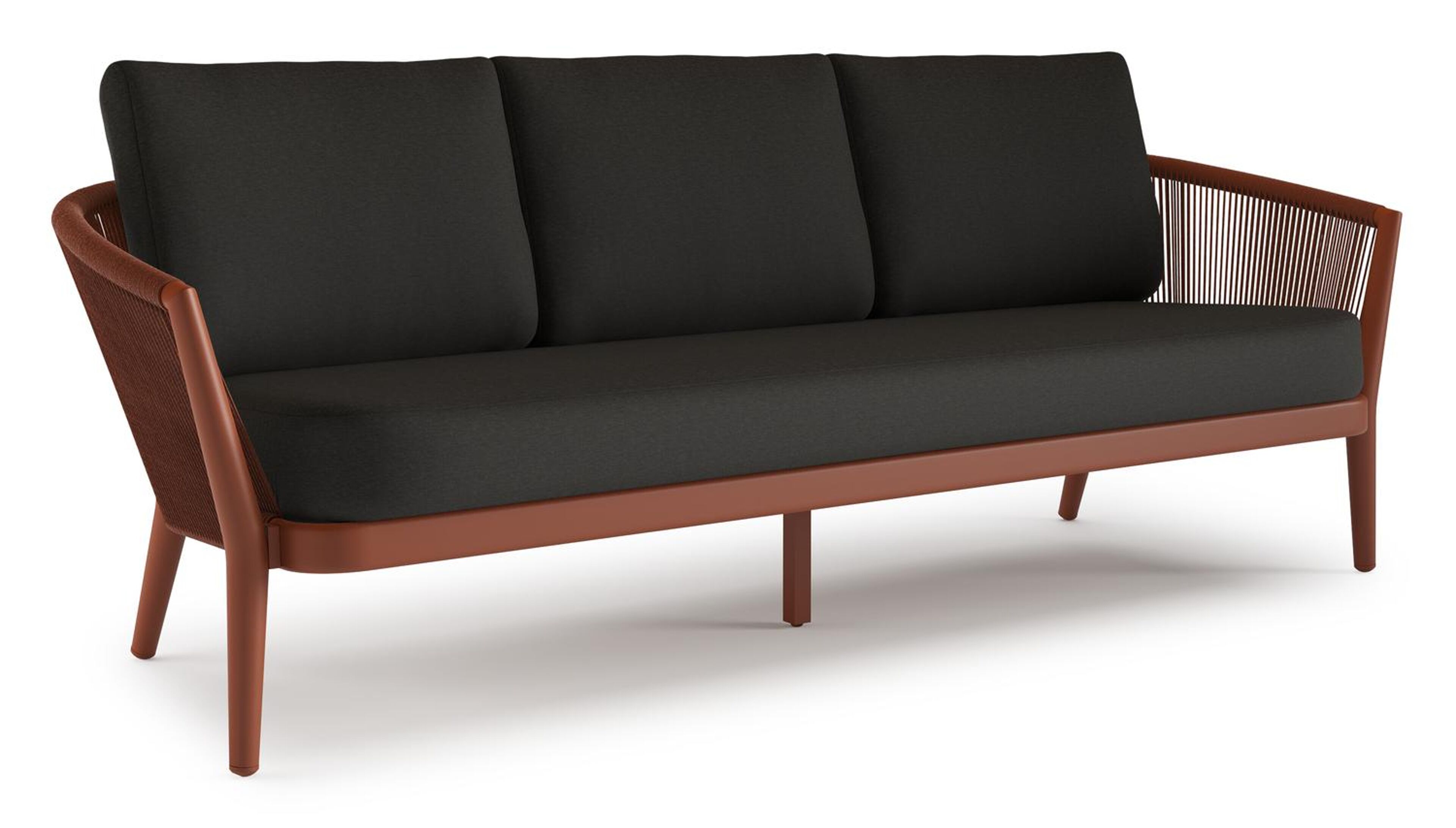 Orso loungebank in roestbruin aluminium en roestbruin verticaal geweven ronde rope met Heritage Char all weather sunbrella® luxe kussen