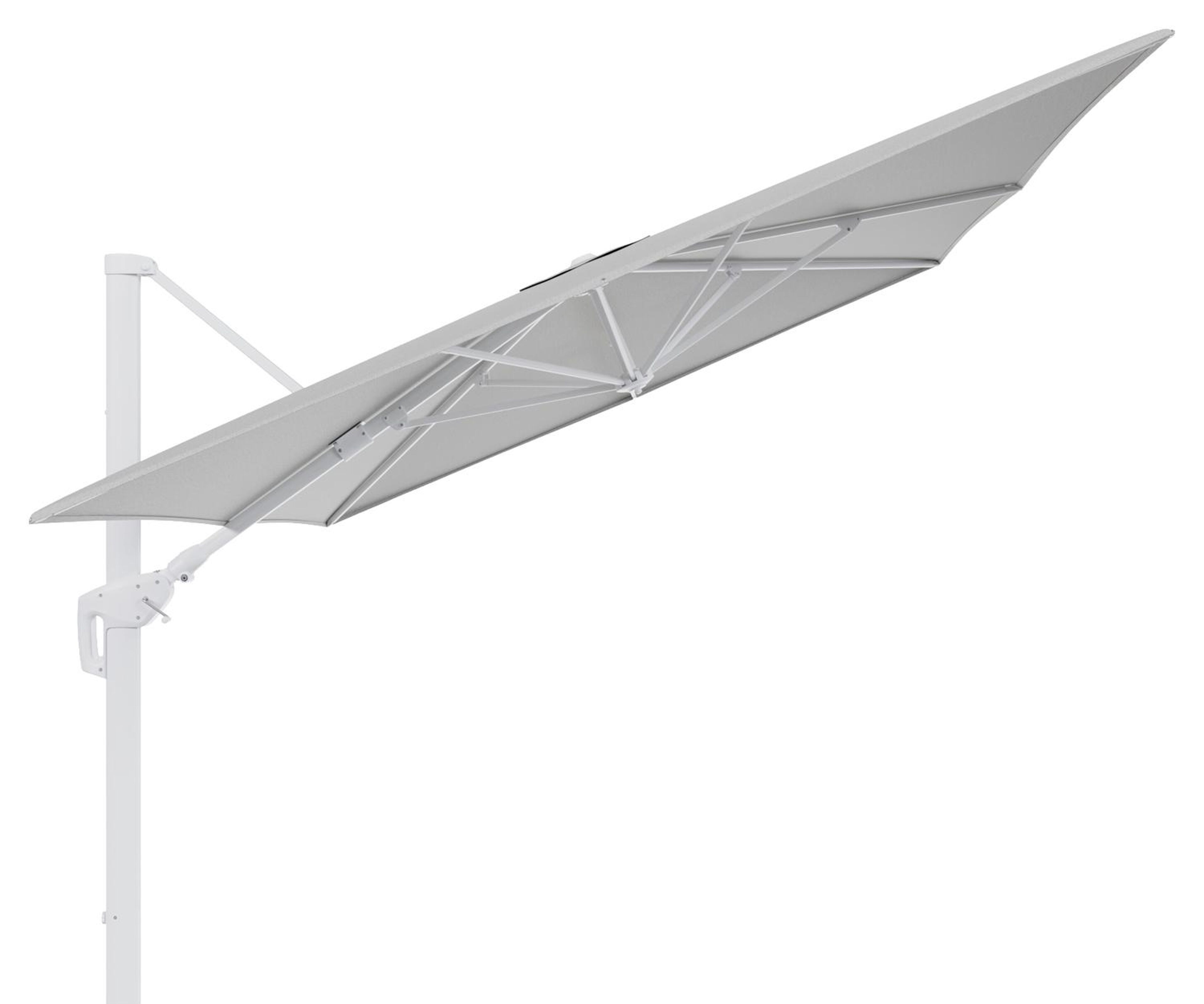 Parasol pendant Minore avec fonction tilt en aluminium blanc avec toile de parasol en all weather sunbrella® luxe savane nimbus - Lg.1 400 x Lg.2 300 cm (sans pied de parasol)
