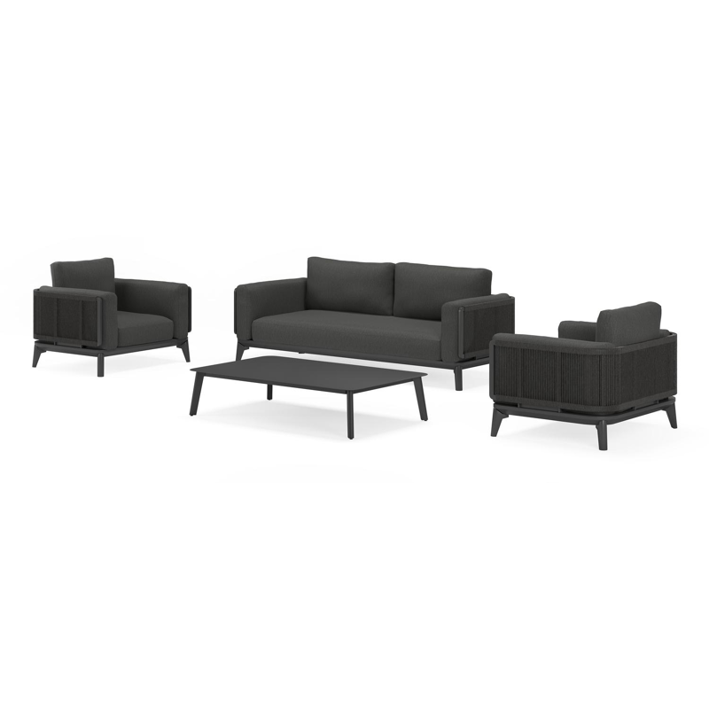 Mosa loungeset in zwart aluminium en zwart gedraaide ronde wicker met sky black weather+ softtouch kussens en loungetafel