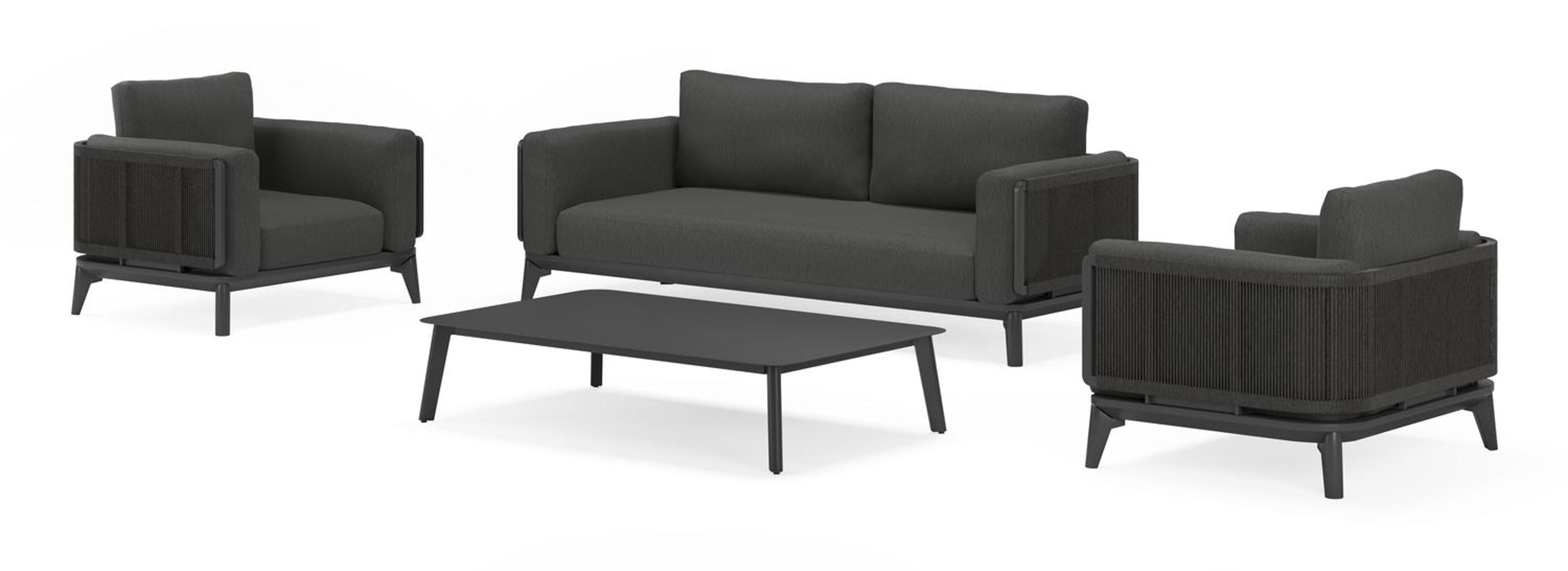 Mosa loungeset in zwart aluminium en zwart gedraaide ronde wicker met sky black weather+ softtouch kussens en loungetafel