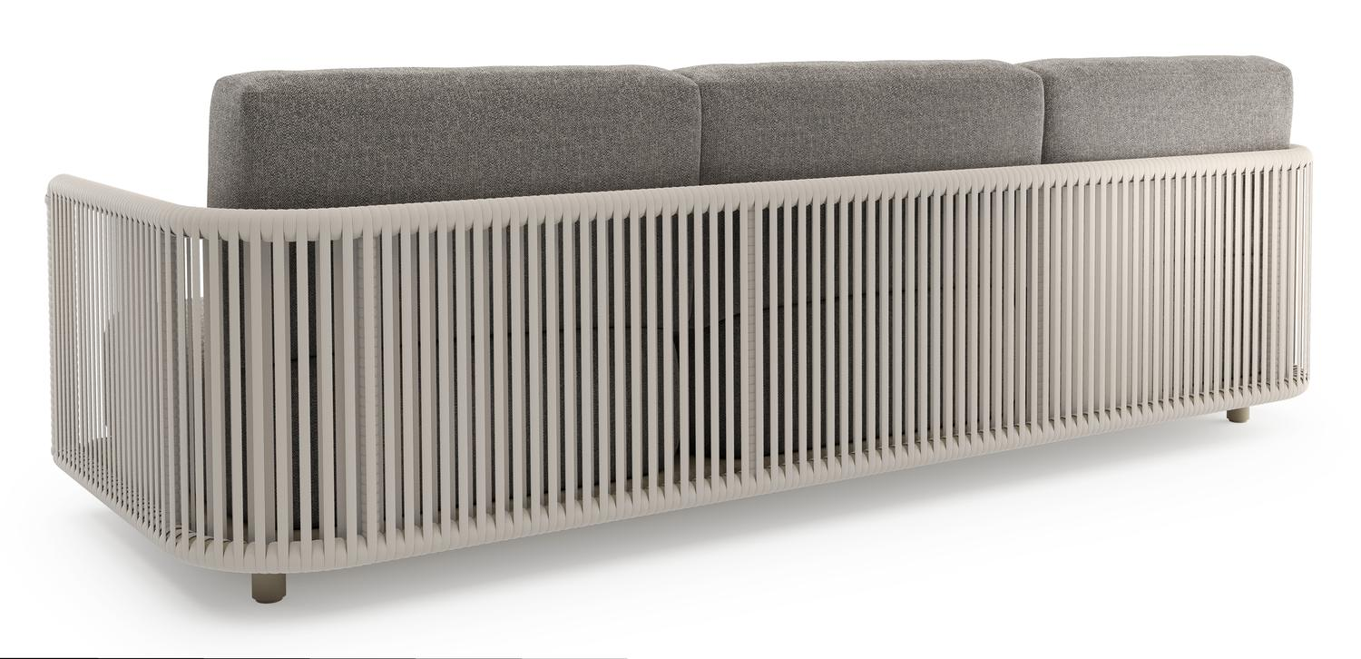 Organo loungeset in beige aluminium en beige verticaal geweven luxe vlakke rope met chartres drizzle all weather Sunbrella® luxe kussen