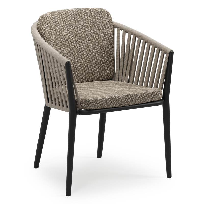 Chaise de jardin empilable Orso en aluminium noir et corde large plate de luxe tissée verticalement beige avec coussin en All Weather Cosytica Madagascar Burch