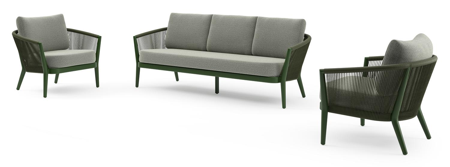 Orso loungeset in groen aluminium en groen verticaal geweven ronde rope met Savane Leaf all weather sunbrella® luxe kussen