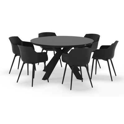Tora tuinset rond in zwart aluminium en sintered stone zwart met 6 Paco tuinstoelen