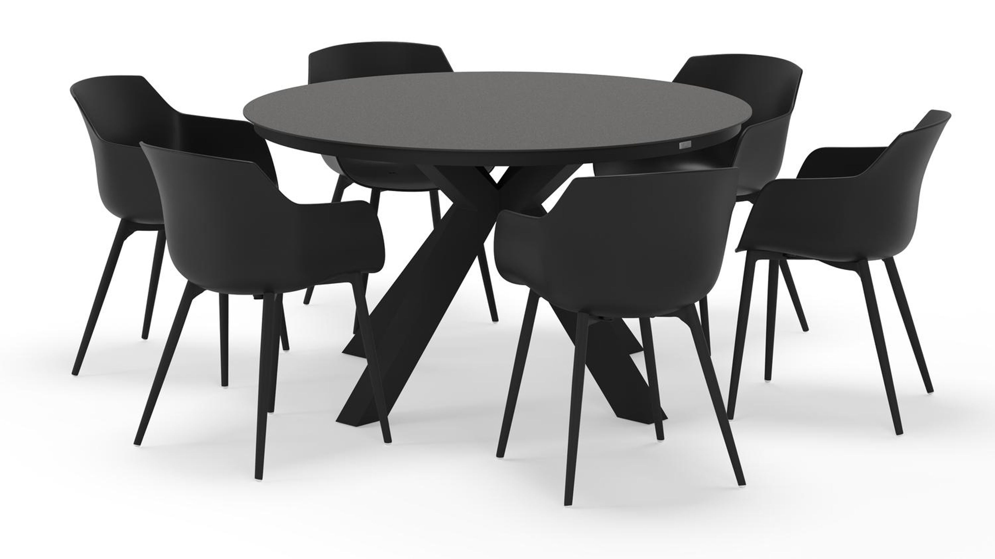 Tora tuinset rond in zwart aluminium en sintered stone zwart met 6 Paco tuinstoelen