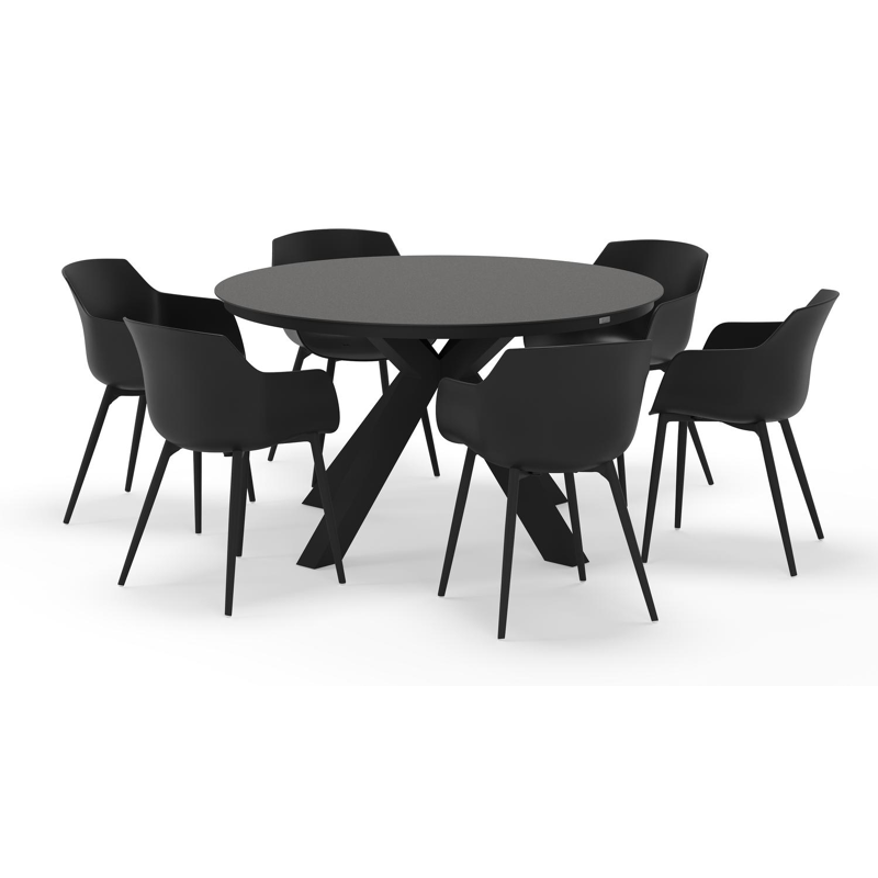 Tora tuinset rond in zwart aluminium en sintered stone zwart met 6 Paco tuinstoelen