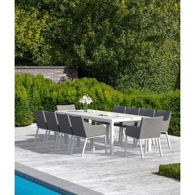 Madura tuinset in wit aluminium en grijs keramische tegels tafelblad met 10 Rivo tuinstoelen