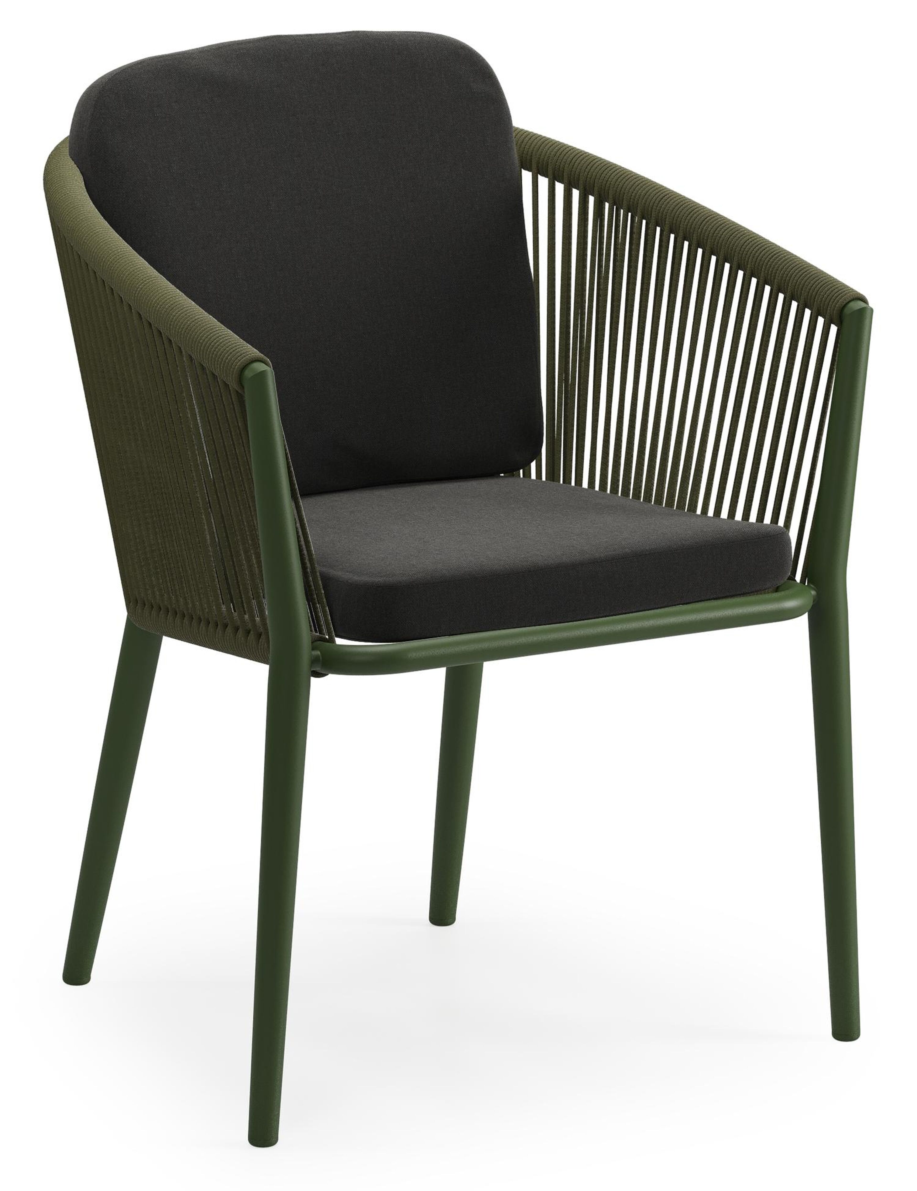 Chaise de jardin Orso en aluminium vert et corde ronde tissée verticalement vert avec coussin luxe en All Weather Sunbrella® Luxe Natte Sooty