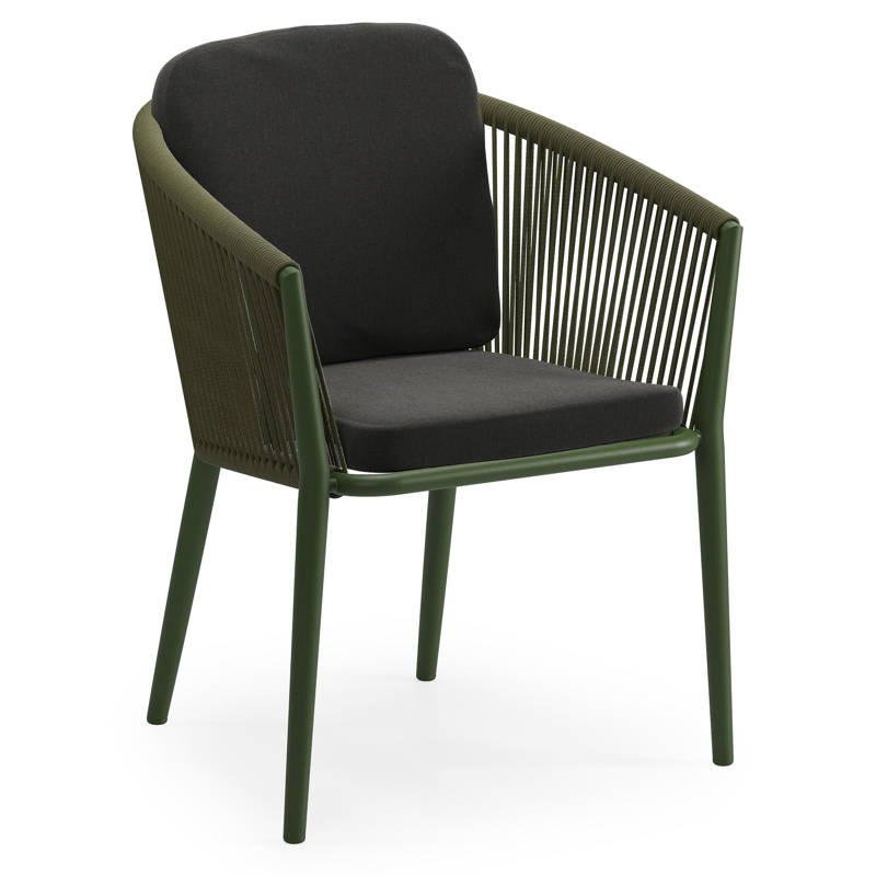 Chaise de jardin Orso en aluminium vert et corde ronde tissée verticalement vert avec coussin luxe en All Weather Sunbrella® Luxe Natte Sooty